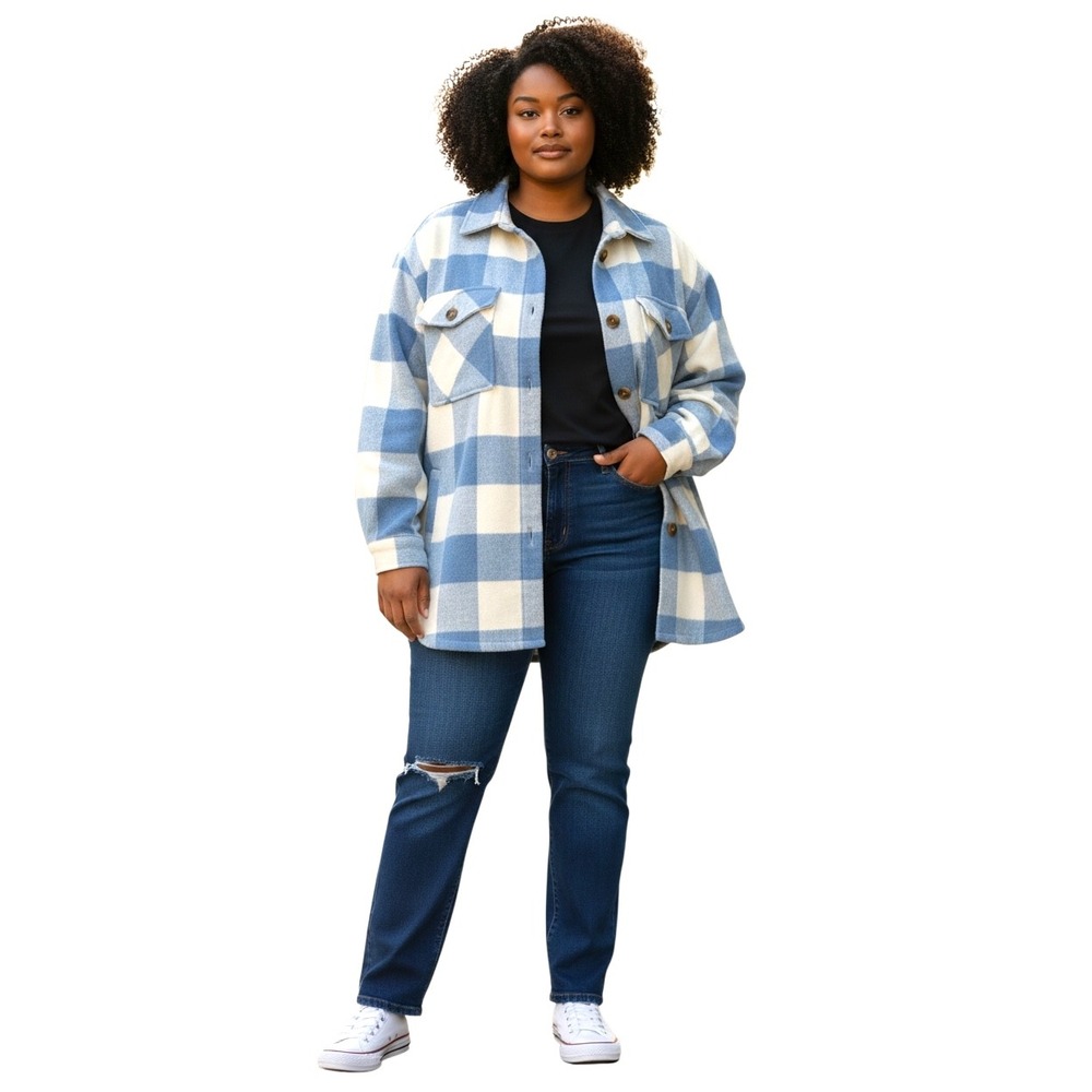 Members Mark Plaid Shacket XXL Womens Blue White Buffalo Check Oversized Jacket